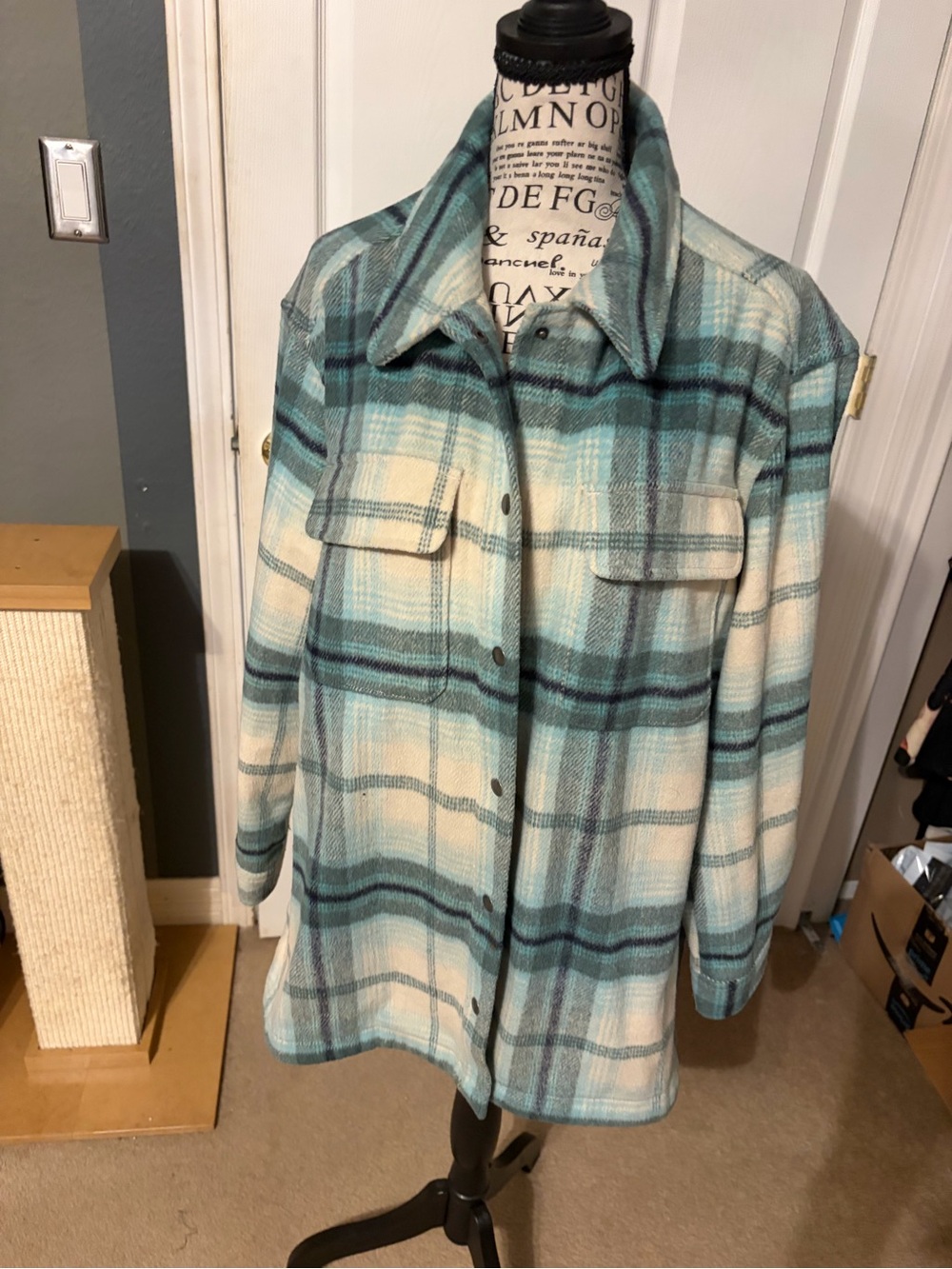 Old Navy Teal, Gray & White Plaid Shacket